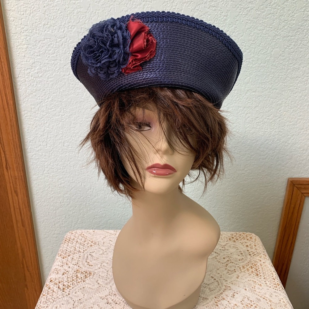 Vintage Navy Blue Straw Wide-brimmed Hat Red Flower